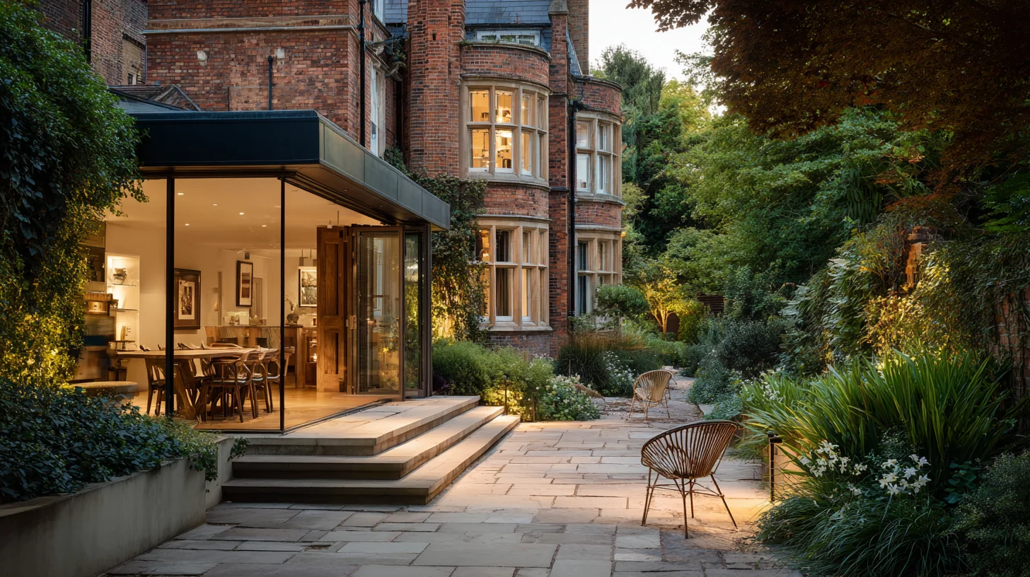 Hampstead extension brick victorian building with glass and metal clad addition, a paved patio with chairs and planting